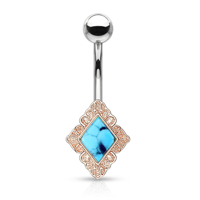 Diamond Shaped Turquoise Center Belly Ring - Rose Gold