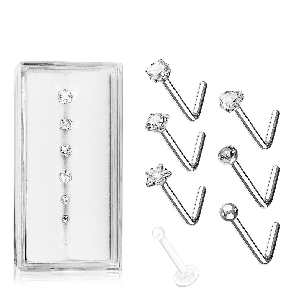 7 Pack Clear Nose Rings - Gem Box