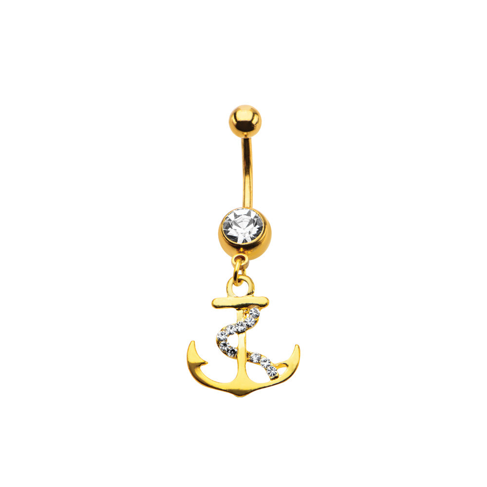 Gold Plated Anchor with CZ Rope Belly Ring