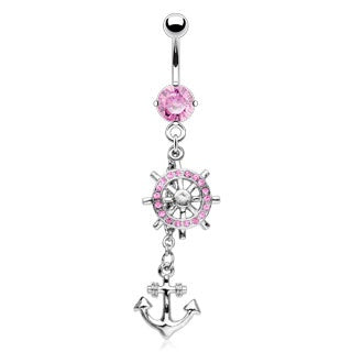 Dangling Pink Anchor Belly Button Ring