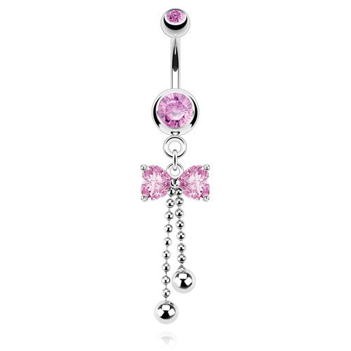 Pink Ribbon CZ with Cascading Beads Belly Ring