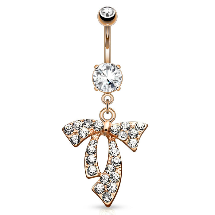 Rose Gold Clear Gem Paved Ribbon Belly Ring