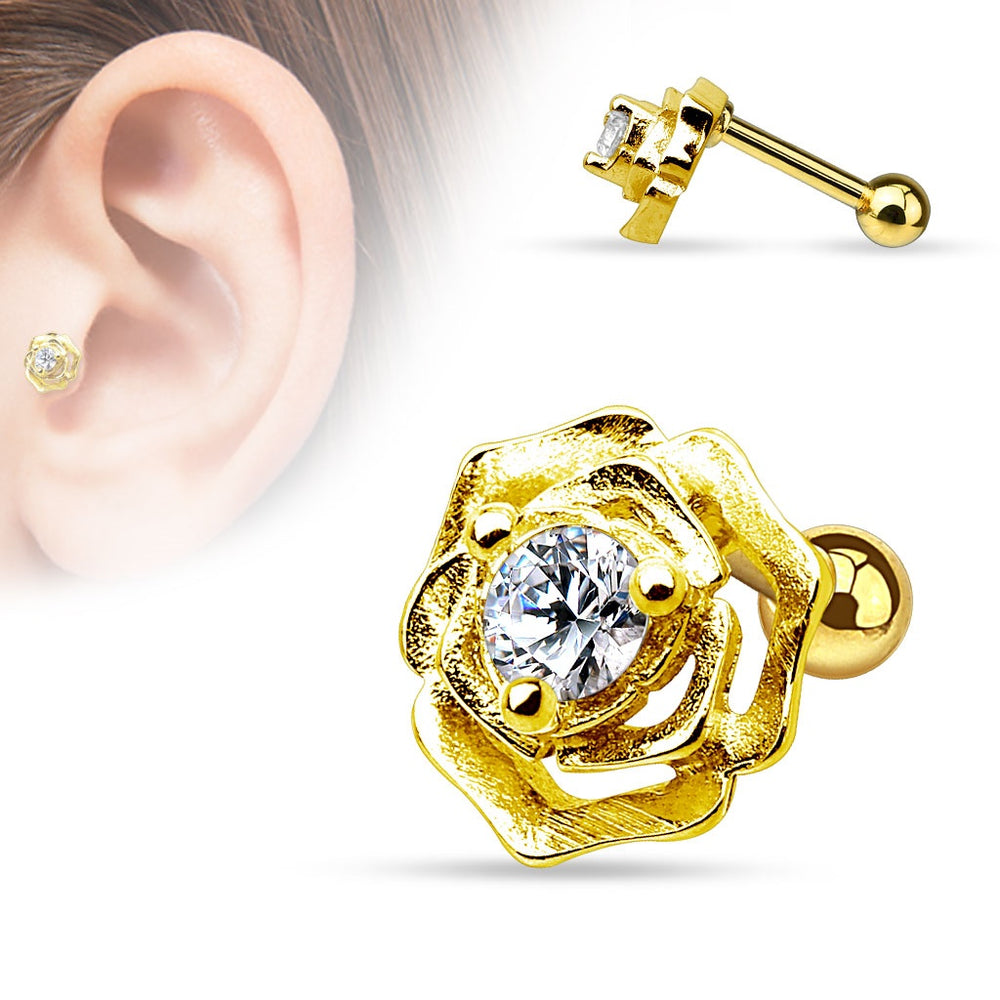 CZ Centered Flower Cartilage Ring - Gold