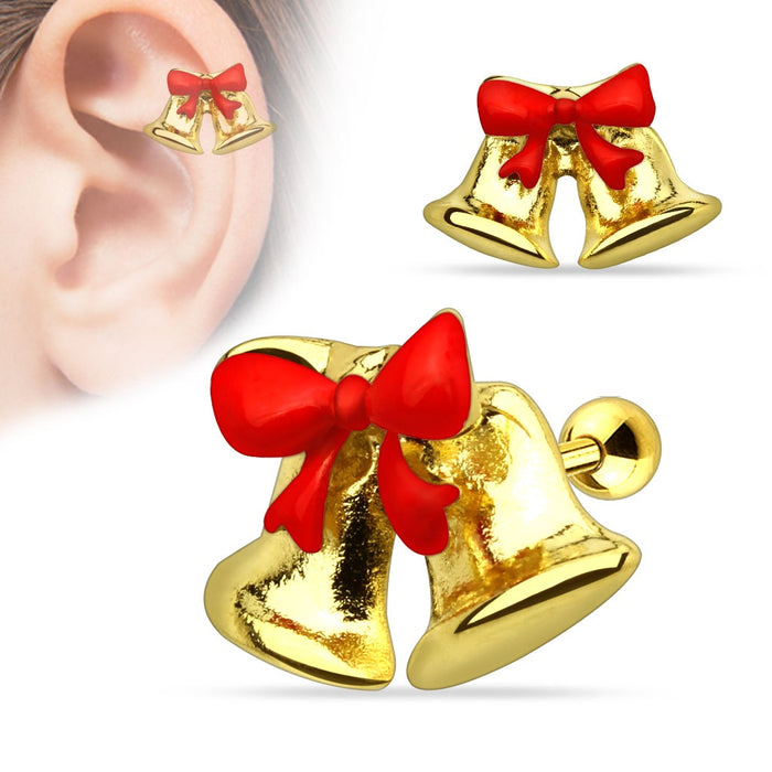 Jingle Bell Ribbon Cartilage Ring - Gold