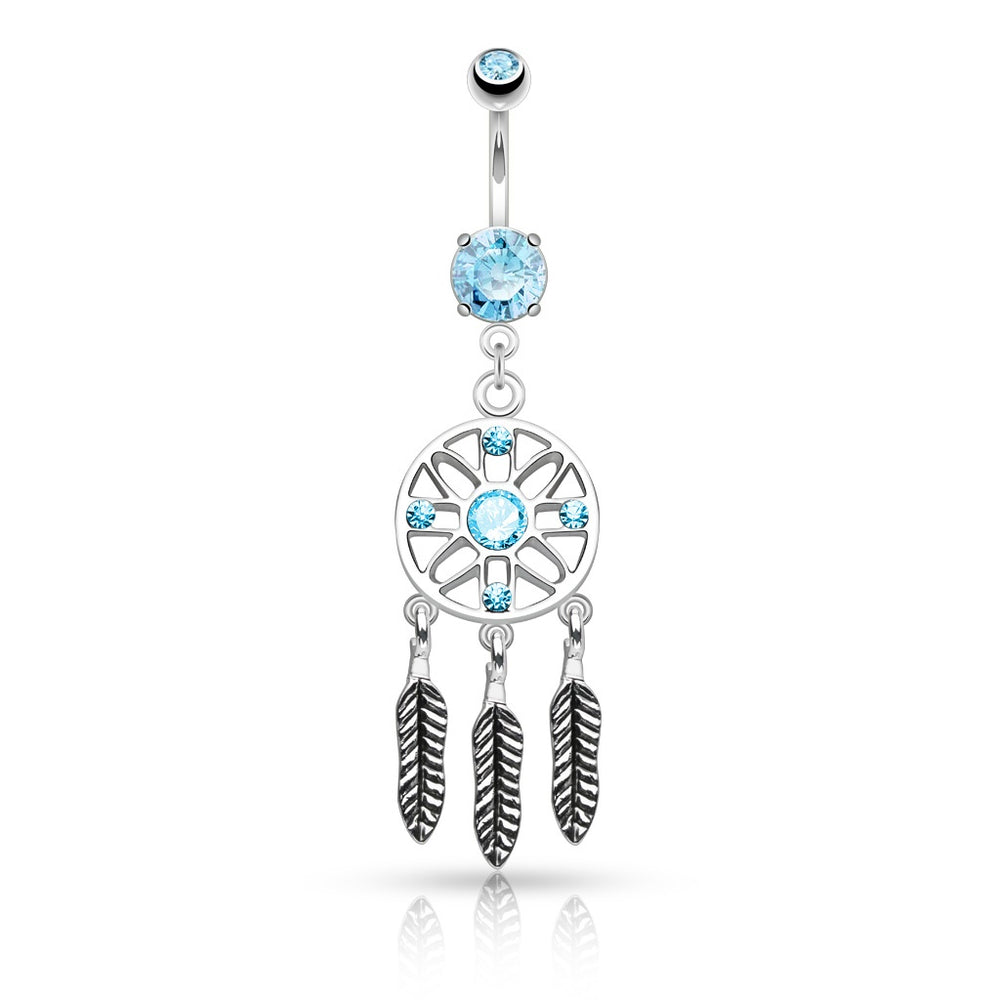 3 Feather Dreamcatcher Belly Ring - Aqua