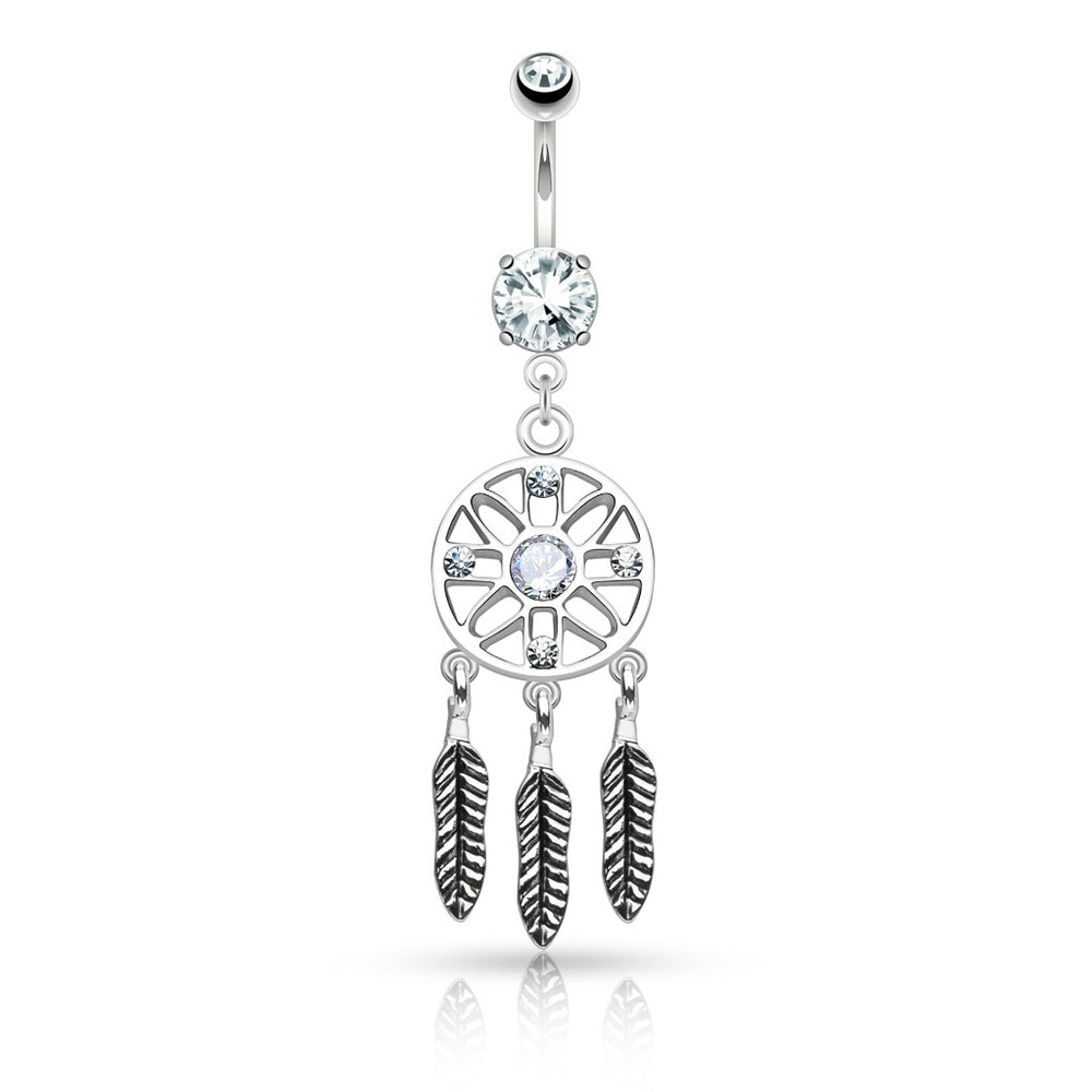 3 Feather Dreamcatcher Belly Ring - Clear