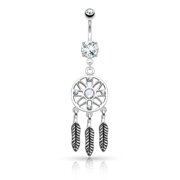 3 Feather Dreamcatcher Belly Ring - Clear