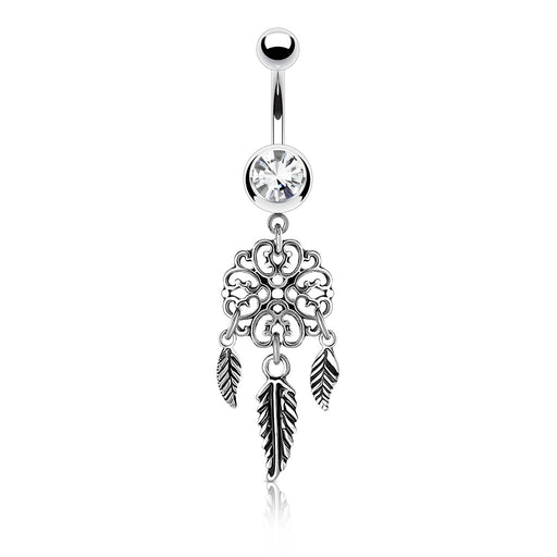 Three Feather Dreamcatcher Belly Ring - Clear