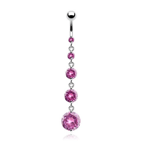 Round Solitaire CZ Drops Belly Ring - Pink