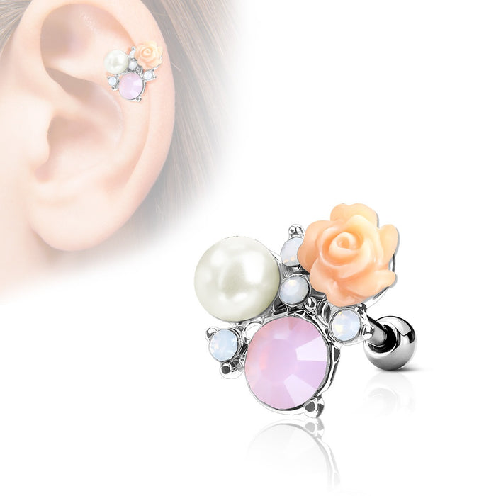 Flower and Opalite with Pearl Cartilage Ring - silver