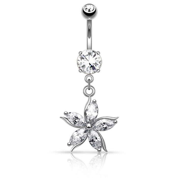 Silver Flower with CZ Petals Belly Ring