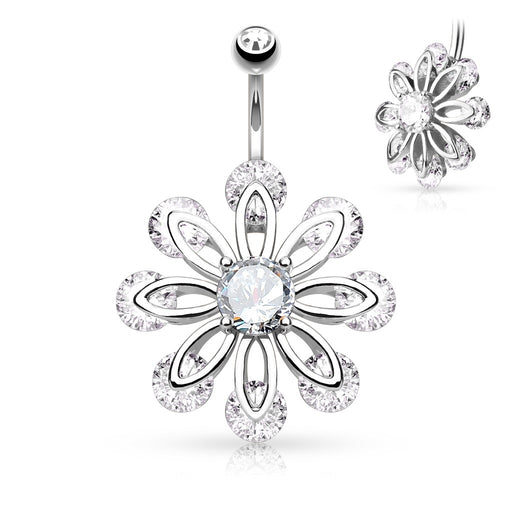Petal Flower CZ Belly Ring - Silver