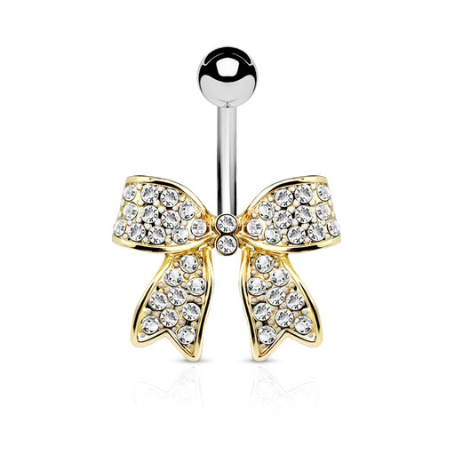 Gold Clear Crystal Paved Bow Belly Ring