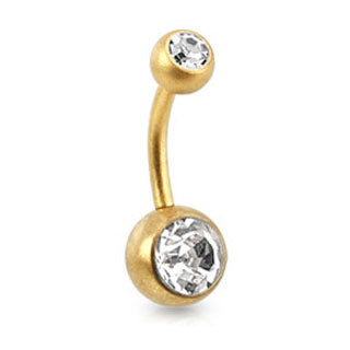 Brushed Gold Belly Ring - Clear Double Gem