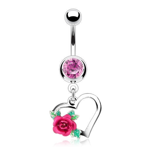 Heart with Rose Belly Ring - Pink