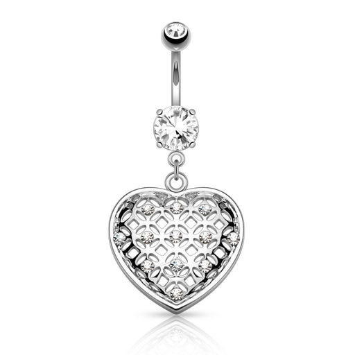 Crystal Set Tribal Net Heart Belly Ring - Silver