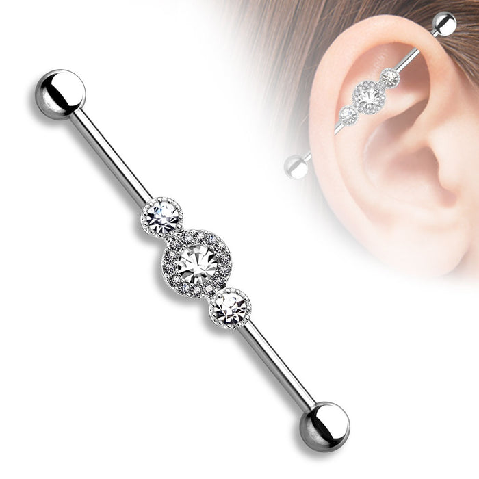 Three CZ Centered Industrial Barbell
