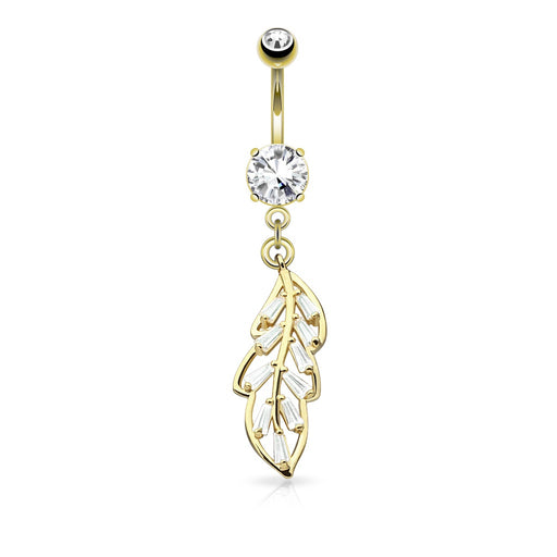Princess Cut CZ Leaf Belly Ring - Gold