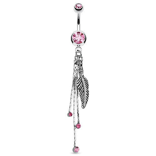 Long Dangle Leaf Belly Button Ring - Pink