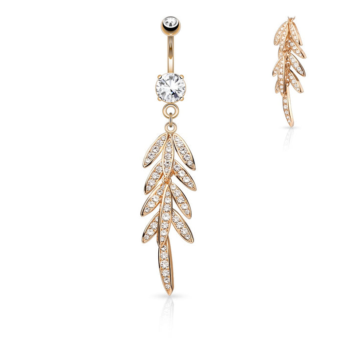 Dangling CZ Leaves Belly Ring - Rose Gold