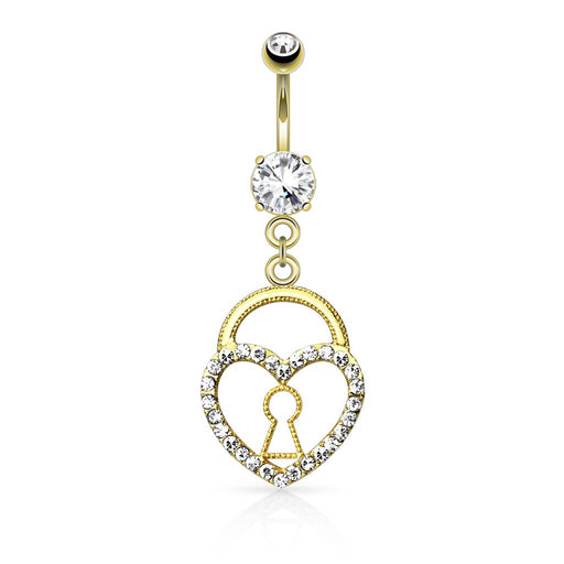 Gold Keyhole Heart Lock with Paved Gems Belly Ring