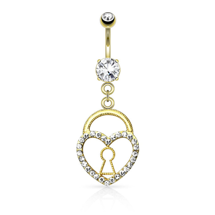 Gold Keyhole Heart Lock with Paved Gems Belly Ring