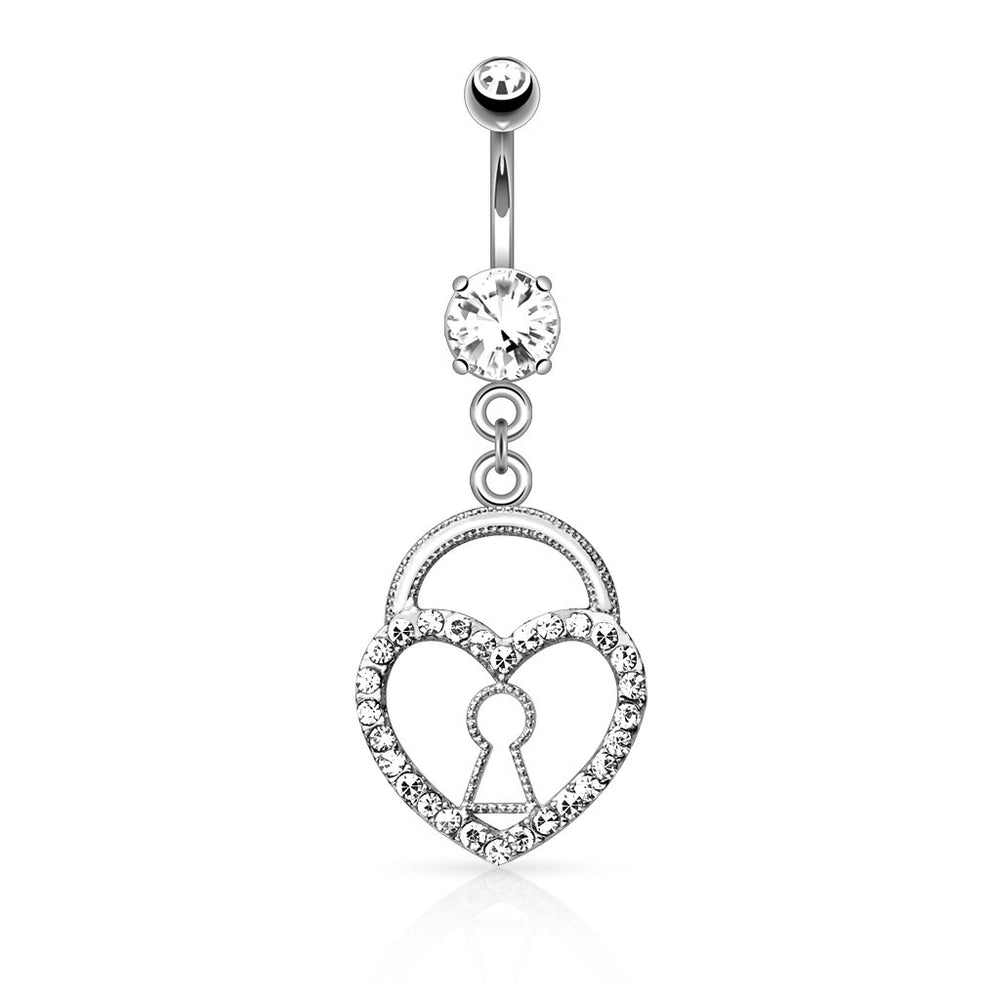 Silver Keyhole Heart Lock with Paved Gems Belly Ring
