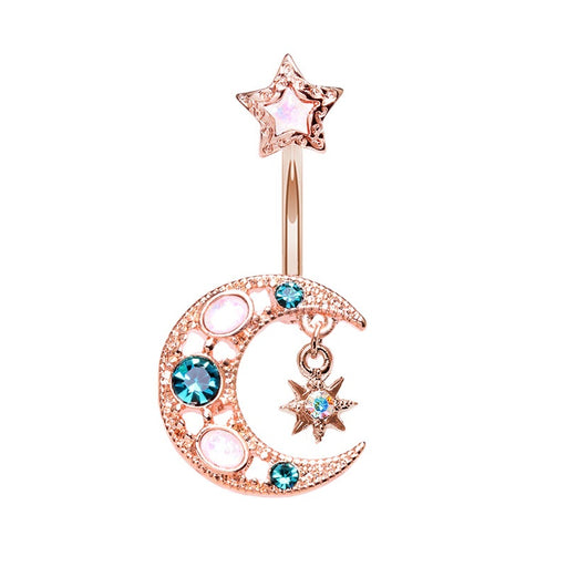 Opal Moon Star Belly Ring Rose Gold