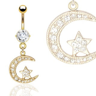 14kt Gold Plated Moon & Star CZ Belly Ring