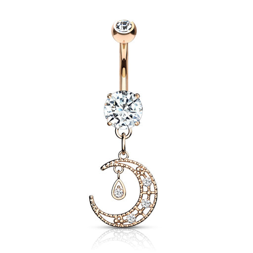 Rose Gold CZ Paved Crescent Moon Belly Ring