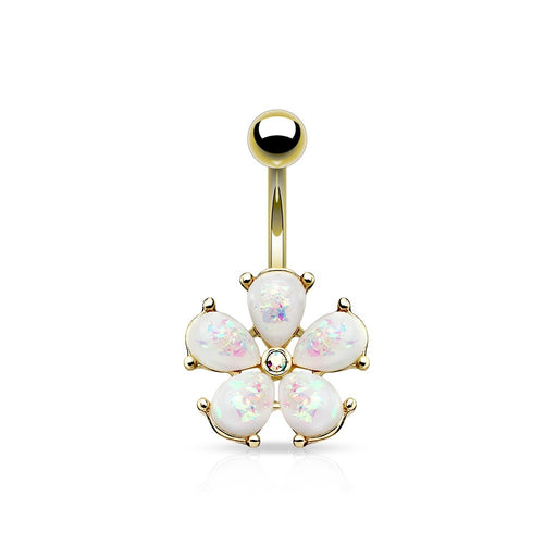 Opal Glitter Flower Belly Ring - Gold
