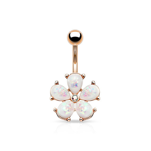 Rose Gold Opal Glitter Flower Belly Ring