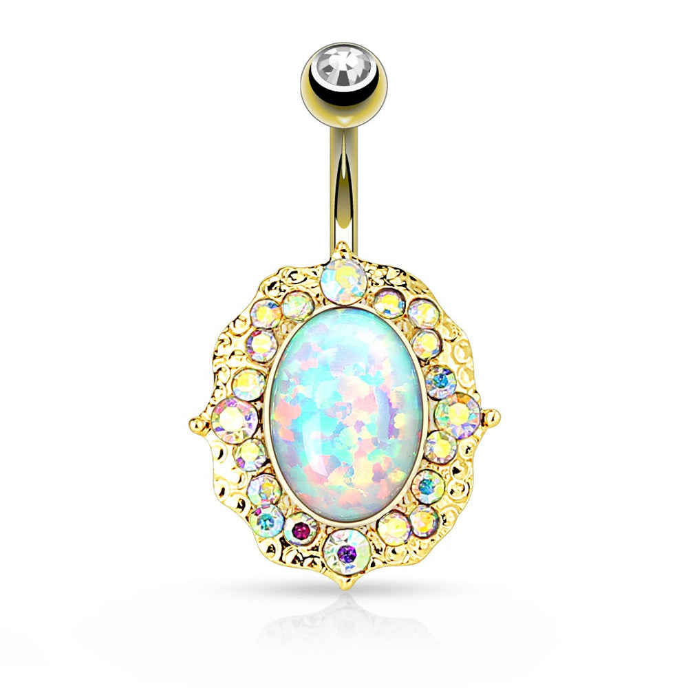 Opal Center with AB Crystals Belly Ring - Gold