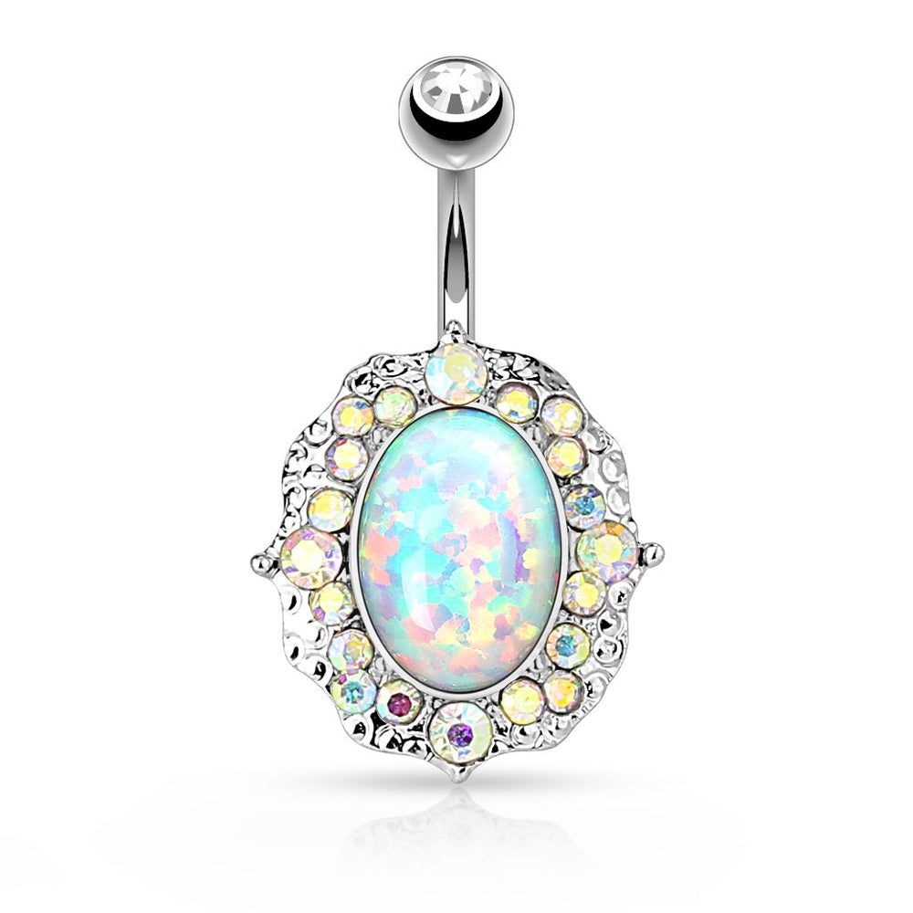Opal Center with AB Crystals Belly Ring - Silver