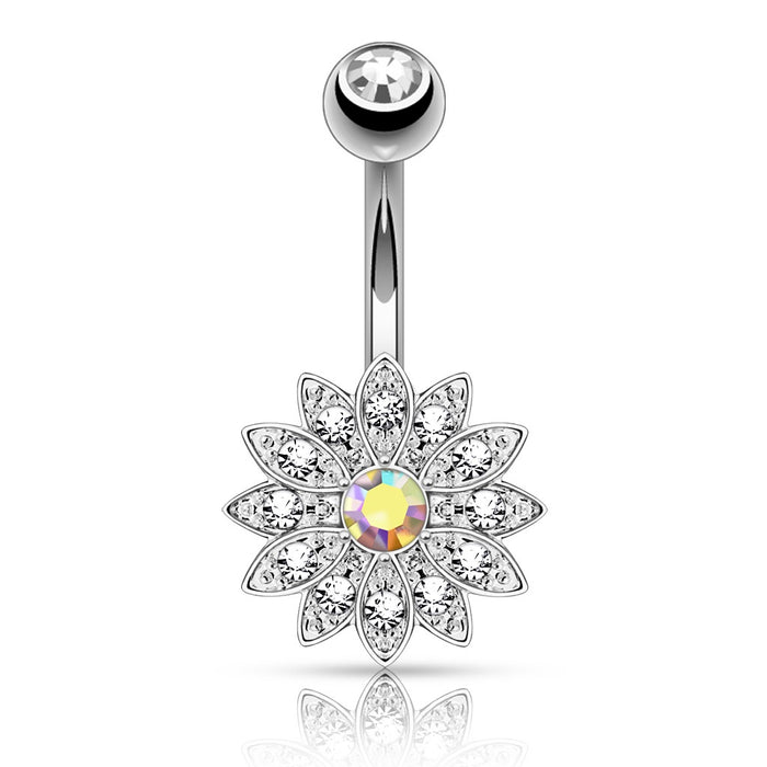 Paved Gem Flower with Center CZ Belly Ring