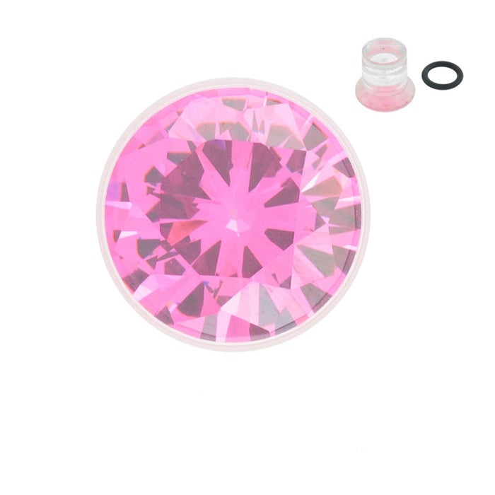4 Gauge Single Flared Clear Acrylic Plugs with Pink CZ - Sold Individually