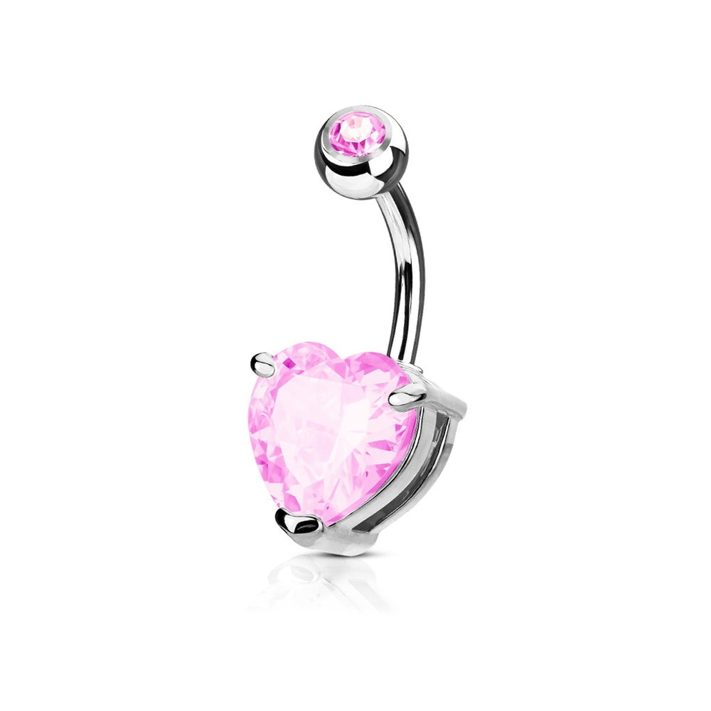 Pink CZ Solitaire Heart Belly Ring
