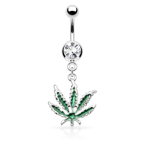 Dangling Marijuana Belly Ring with Crystal Gem