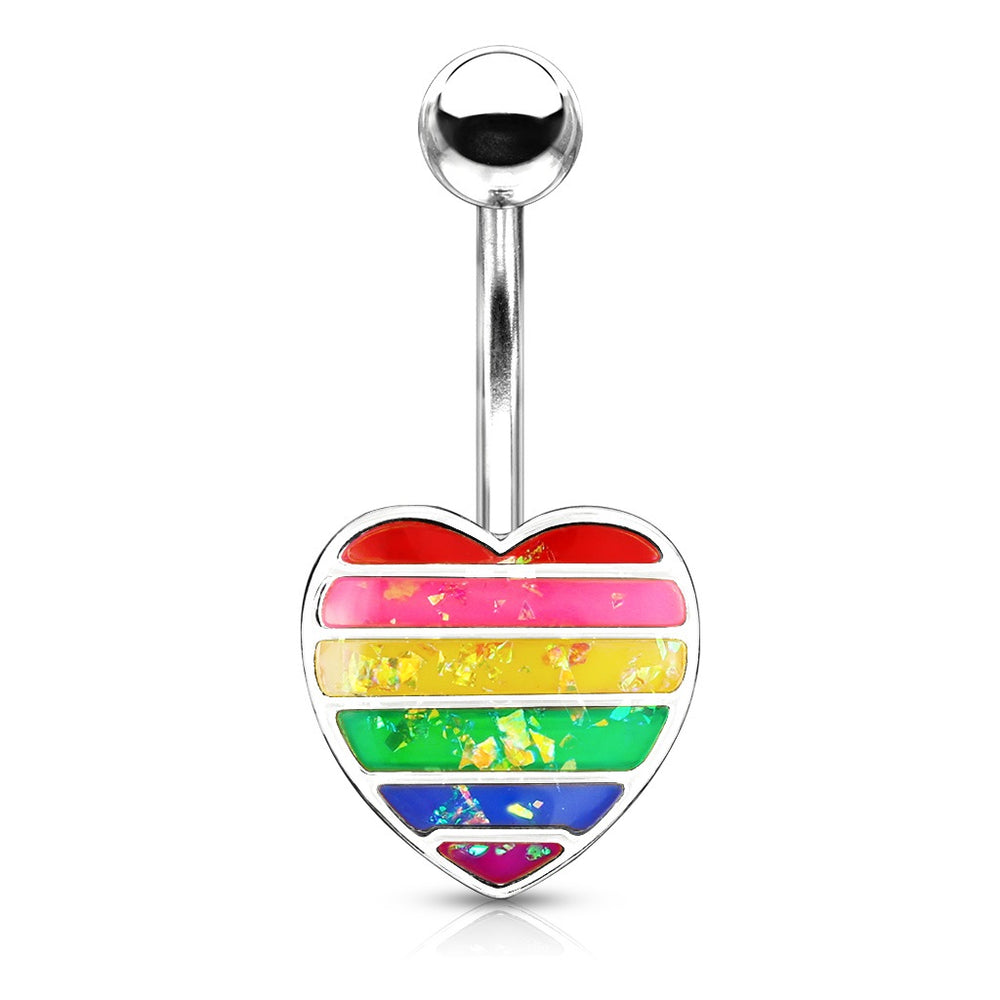 Rainbow Opal Glitter Filled Heart Belly Ring Steel