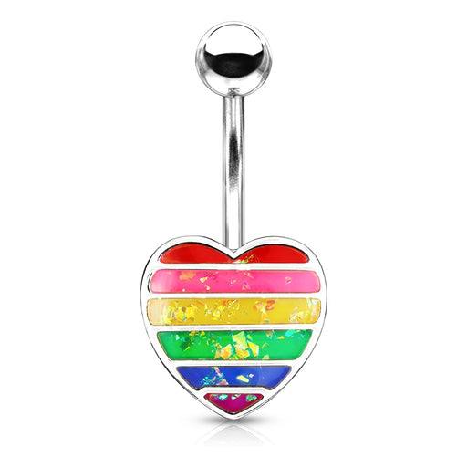 Rainbow Opal Glitter Filled Heart Belly Ring Steel