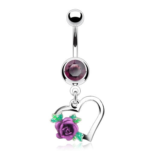 Heart with Rose Belly Ring - Purple