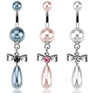 Gemmed Bow with Faux Pearl Dangle Belly Ring
