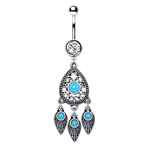 Turquoise Teardrop and Feather Belly Ring