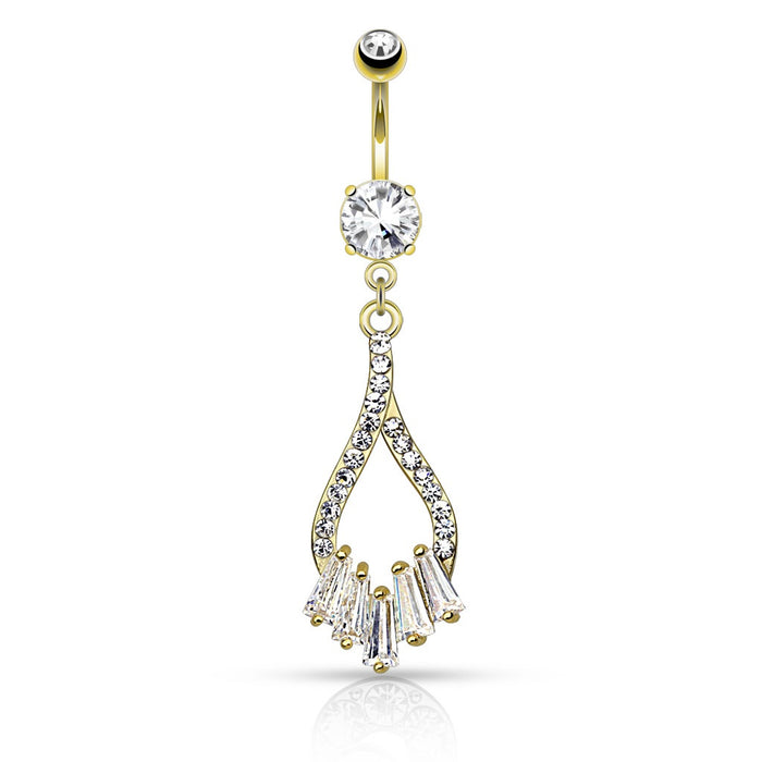 Twist Droplet with Five Princess Cut CZs Belly Ring - Gold