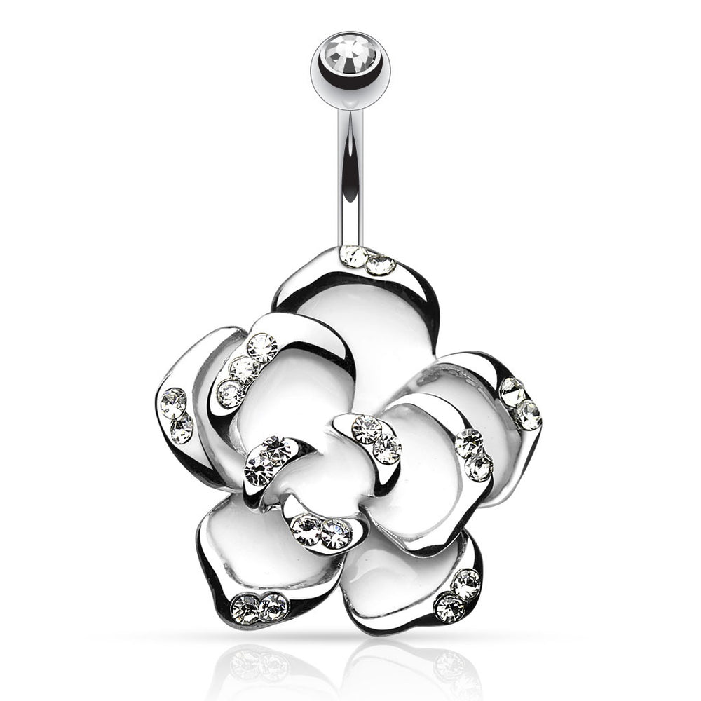 White Flower with Gem Petals Belly Ring
